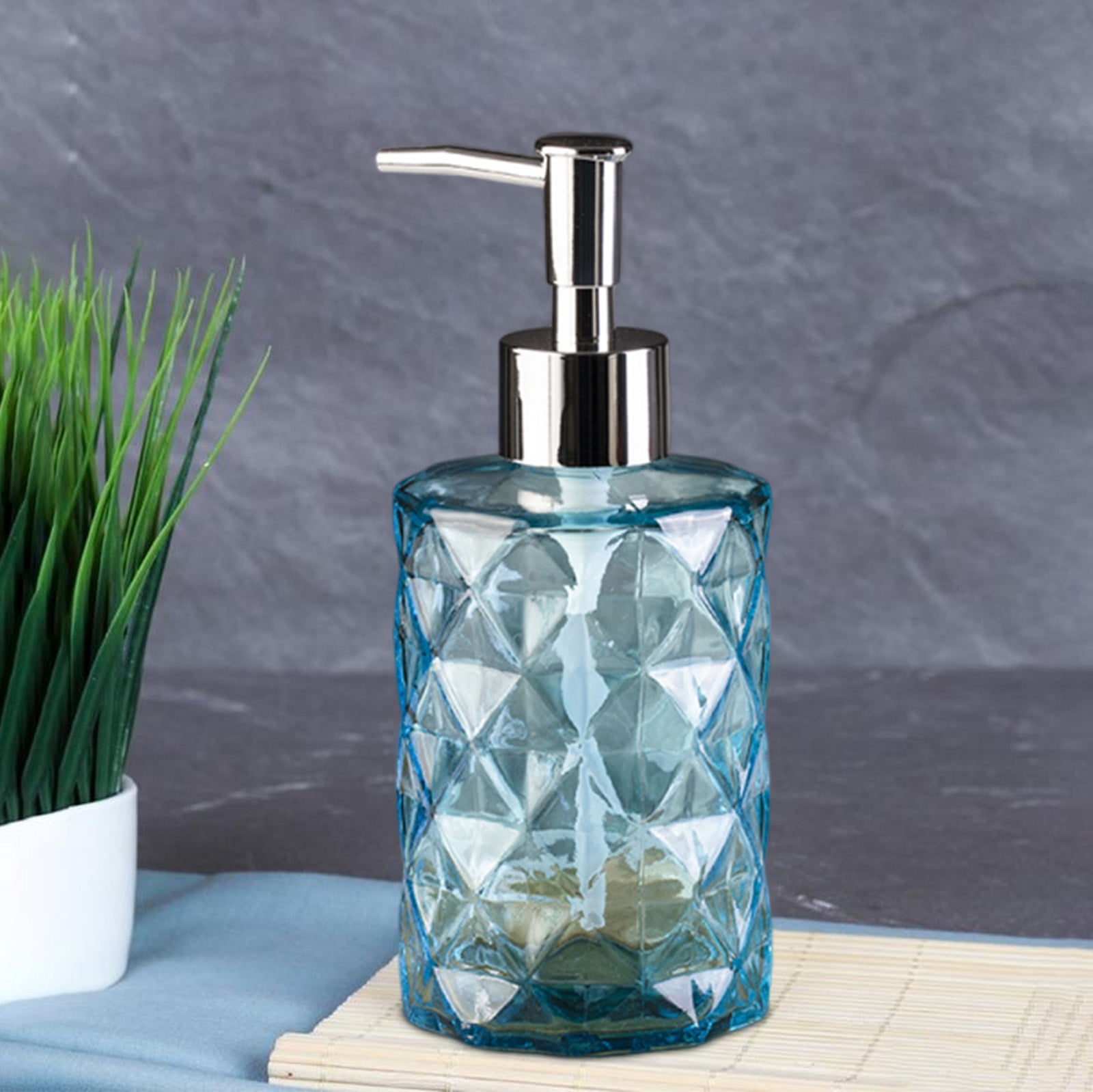 YiJuHui 3pcs Refillable Glass Soap Dispenser Pump Bottle with Diamond Pattern Design for Kitchen and Bathroom Decor