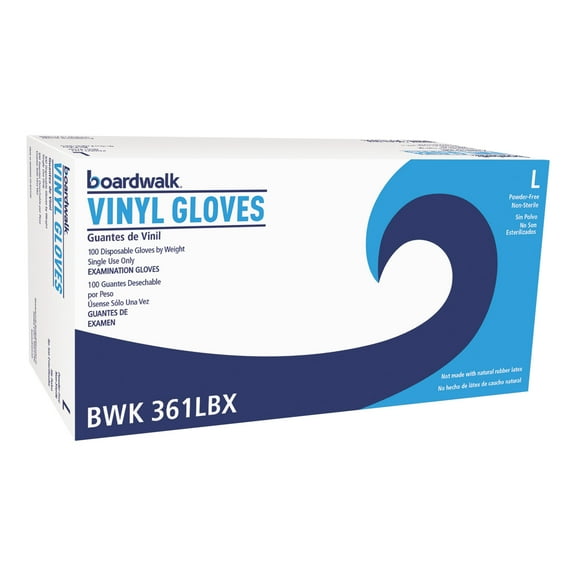 Boardwalk Exam Vinyl Gloves, Powder/Latex-Free, 3 3/5 mil, Clear, Large, 100/Box -BWK361LBX