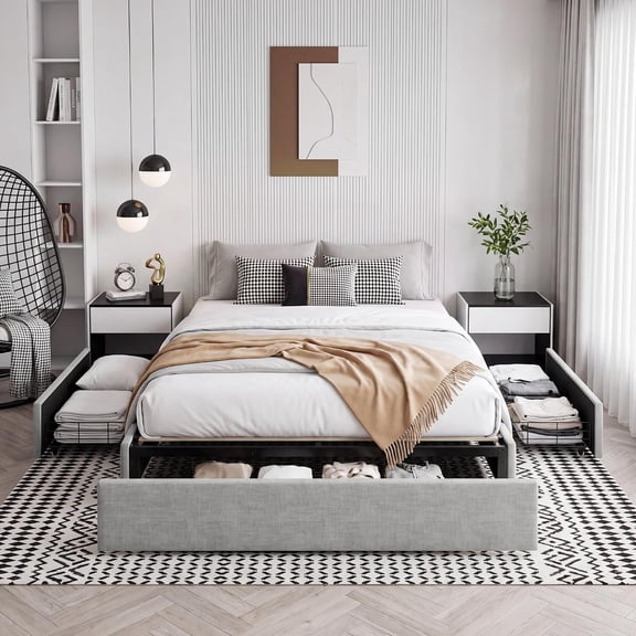 Queen Size Bed Frame with 3 Underbed Storage Drawers Light Gray | Platform, No Headboard, Mattress Foundation with Wooden Slat Support, No Box Spring Needed, Light Gray