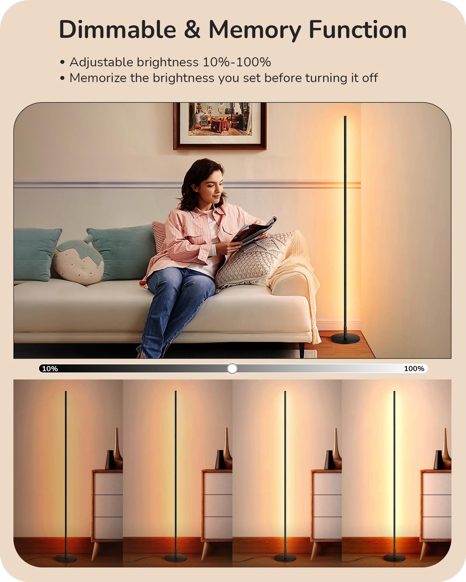 Led Corner Floor Lamp  57.5" Minimalist Dimmable Sleek Light Adjustable Height Standing Tall Lamps For Living Room Bedroom Office 3000k Warm White Black