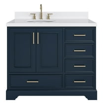 Ariel Stafford 42 Inch Single Left Offset Oval Sink Bathroom Vanity With Carrara White Quartz Countertop 1.5 Edge In Midnight Blue