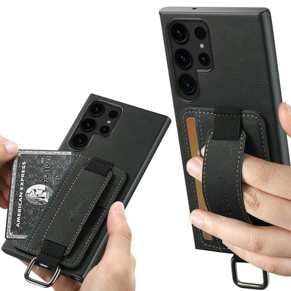 for Samsung Galaxy S23 Ultra Wallet Case, Classic Finger Ring with Card Holder Lychee Texture PU Leather Back Cover with Wristband Kickstand Shockproof Drop Protective for S23 Ultra, Black