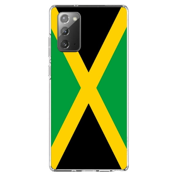 DistinctInk Clear Shockproof Hybrid Case for Samsung Galaxy Note 20 (6.7" Screen) - TPU Bumper, Acrylic Back, Tempered Glass Screen Protector - Jamaica Flag Black Green Yellow - Jamaica