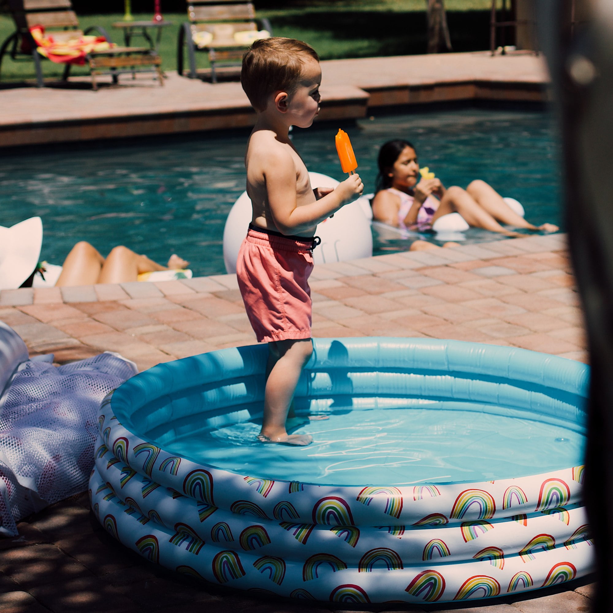 Rae Dunn: Happy Days Aqua Rainbow- 46" Mini Pool, CocoNut Float, Outdoor Inflatable Water Kiddie Pool, Kids Ages 5+