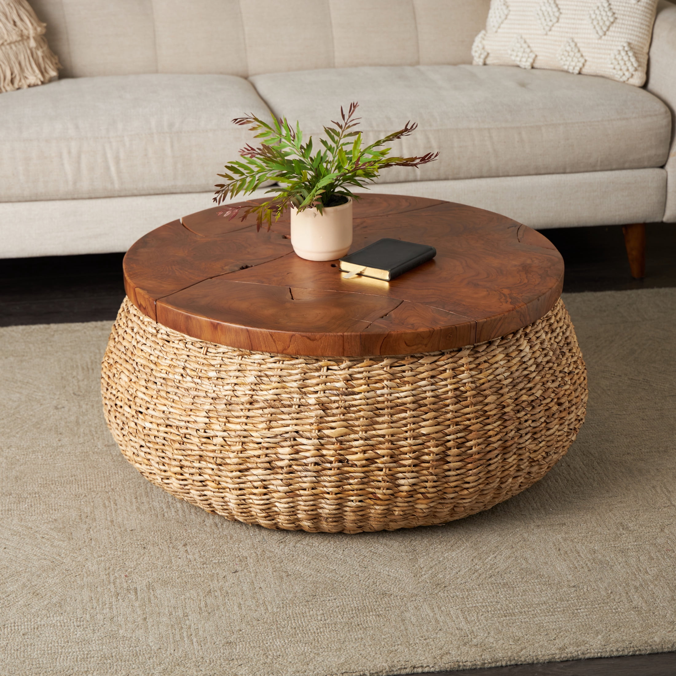 DecMode 35" x 15" Brown Rattan Wrapped Coffee Table with Teak Tabletop, 1-Piece