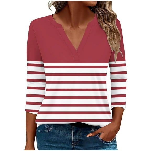 cfhntfmh 3/4 Length Sleeve Womens Tops V Neck Casual Striped Shirts Trendy Blouses Summer Basic Tee Loose Fit Soft Blouse