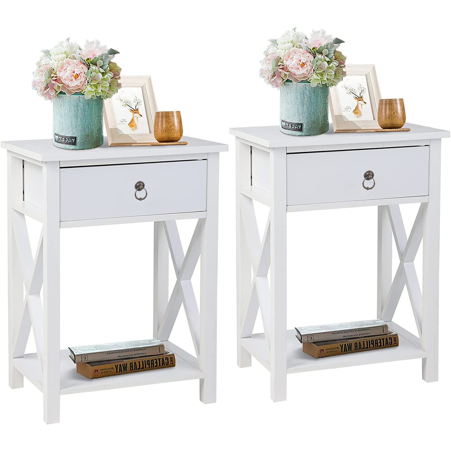 UBesGoo Set of 2 Night Stands for Bedroom Rustic Nightstand Bedside End Tables with Drawer Storage,White