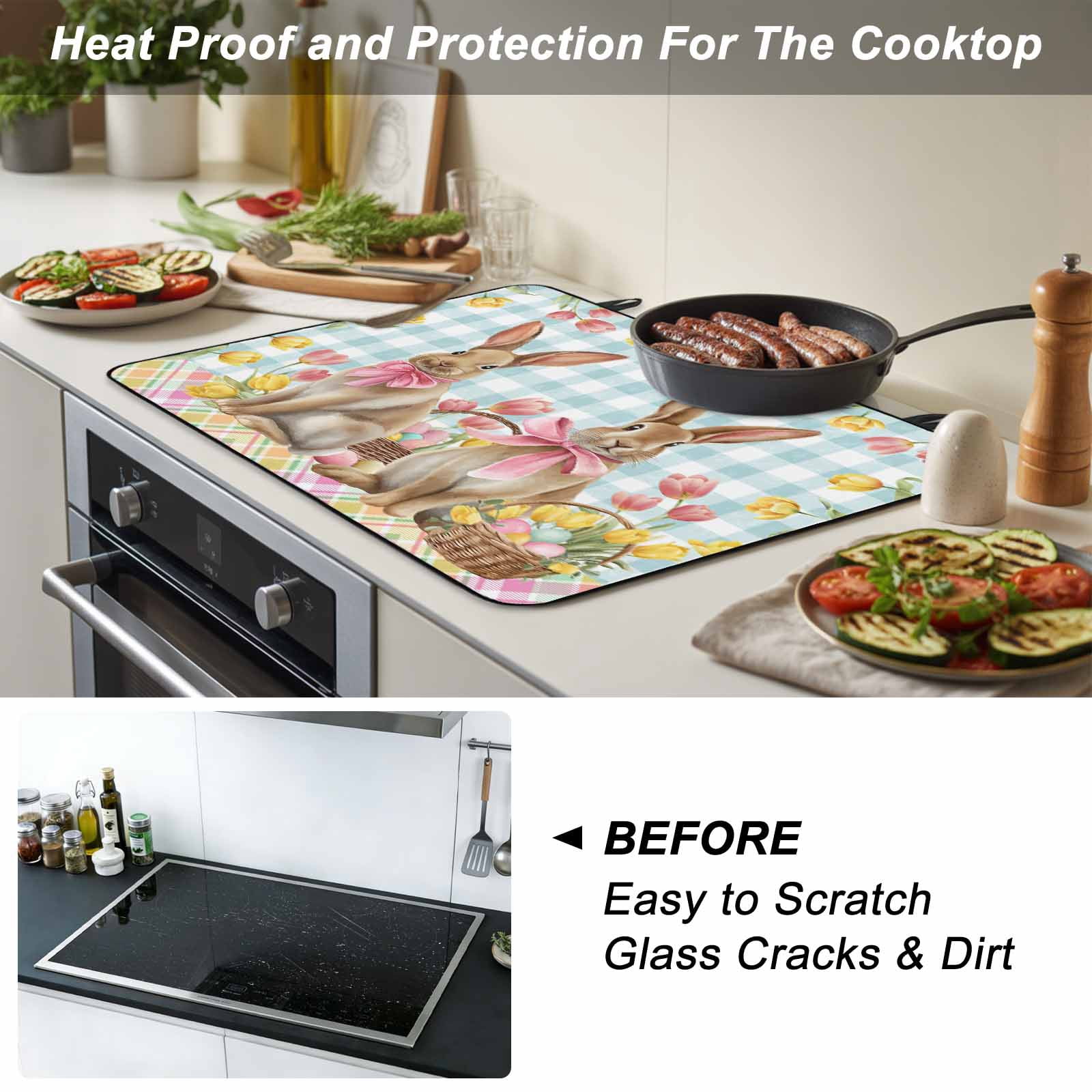Easter Bunny Eggs Stove Top Cover for Electric Stove, Heat-proof & Non Slip Glass Top Stove Cover Protector, Spring Tulips Farm House Rabbits Blue Plaid Kitchen Flat Cooktop Rubber Mat 24x21 Inches
