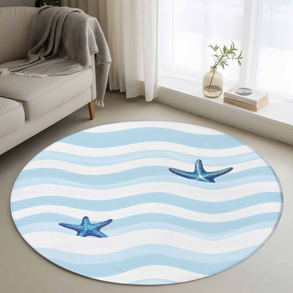 Blue White Striped Round Area Rug 3 FT, Small Kitchen Bathroom Mats, Starfish Coastal Waves Washable Indoor Outdoor Throw Runner Carpet Non-Shedding Doormat for Table Shower Sofa Entryway