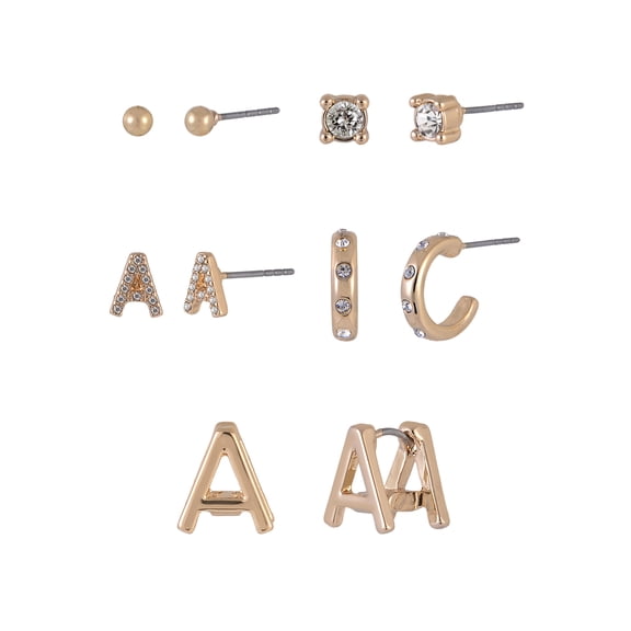 Time and Tru Goldtone 5pc Crystal Studs Hoop Initial "A"Earring Set