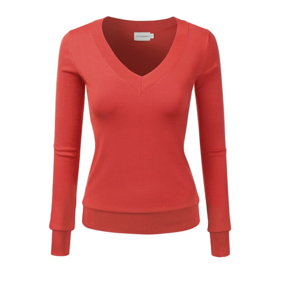 JJ Perfection Women's Long Sleeve V-Neck Pullover Sweater with Plus Size