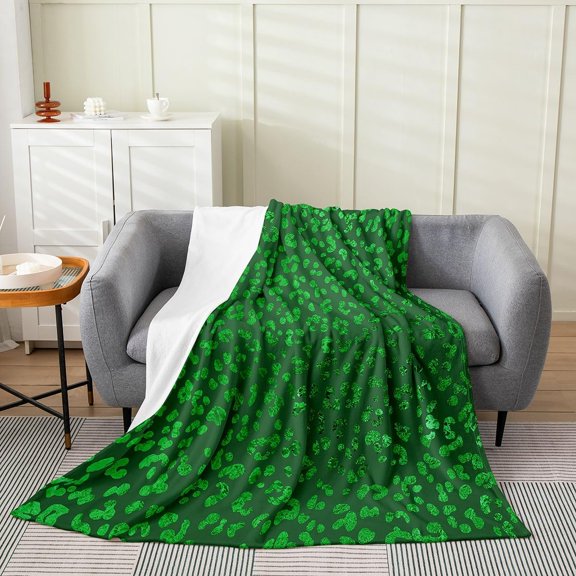 Green Leopard Print Fleece Throw Blanket for Couch and Bed Soft Fuzzy Sherpa Blanket