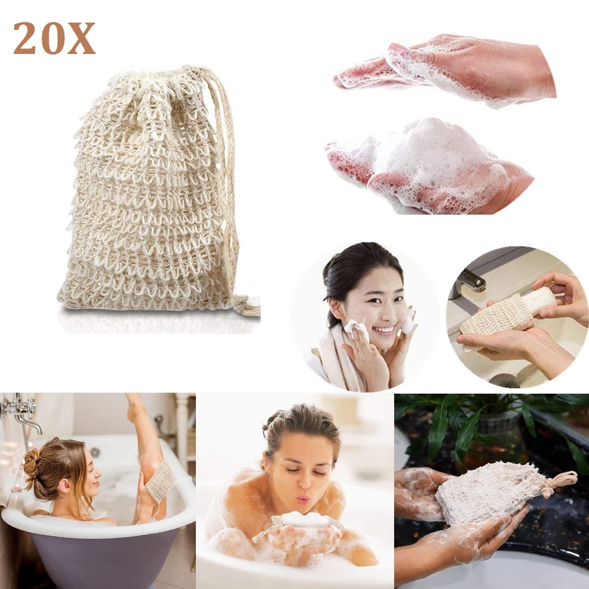 20 Pack Exfoliating Bags for Soap Bars, Natural Pouch Soap Saver, Ramie Soap Bag, Hand Made Soap Bag, Mesh Soap Saver Bags with Drawstring for Bath & Shower Use