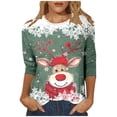 thumbnail image 1 of Haut à Col Rond Imprimé de Noël pour Femme, Décontracté, Ample, Manches 3/4, T-Shirt, Haut, 1 of 5