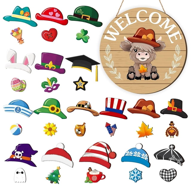 Bewildely Decoración de gnomo para puerta de entrada, letrero de bienvenida de gnomo de invierno intercambiable con 30 logotipos, letrero de Kits de decoración para fiestas tipo+4