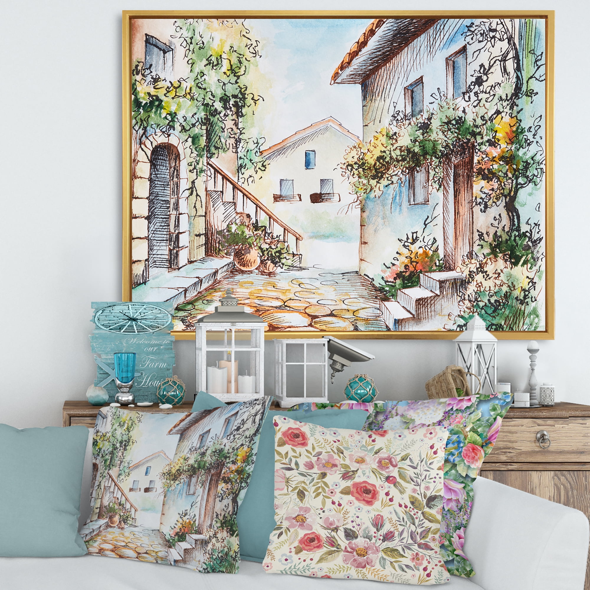 Designart 'Sunny Day At The Vintage City Cozy Street' Traditional Framed Canvas Wall Art Print
