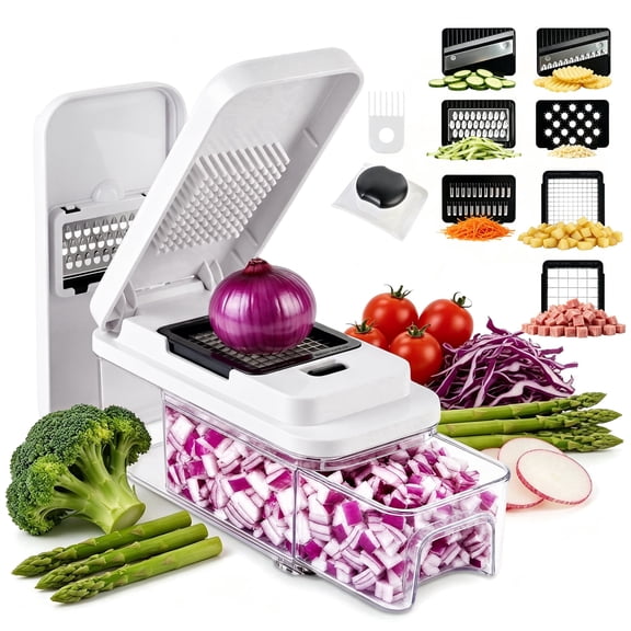 SUSLAS Vegetable Chopper with 8 Blades, Food Chopper with Container, Mandoline Slicer & Onion Dicer, Veggie Cutter, White