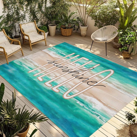 Fsddascl Summer Turquoise Ocean Outdoor Rug for Patio/Deck/Porch, Non-Slip Large Area Rug 6 x 9 Ft, Beach Coastal Ombre Waves Indoor Outdoor Rugs Washable Area Rugs, Reversible Camping Rug Carpet