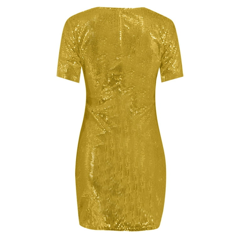 TMOYZQ Women's Sparkly Glitter Sequin Midi Dresses Short Sleeve Deep V Neck  Wrap Hem Ruched Bodycon Pencil Dress Club Cocktail Party Dresses