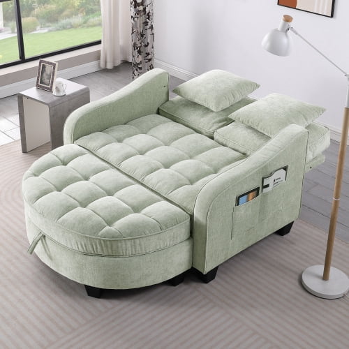 2-Seater Sofa Modern Chaise Lounge with Storage Footrest, Irregular Curved Armrests, Plush Checkered Cushions, 2 Throw Pillows, Cyan