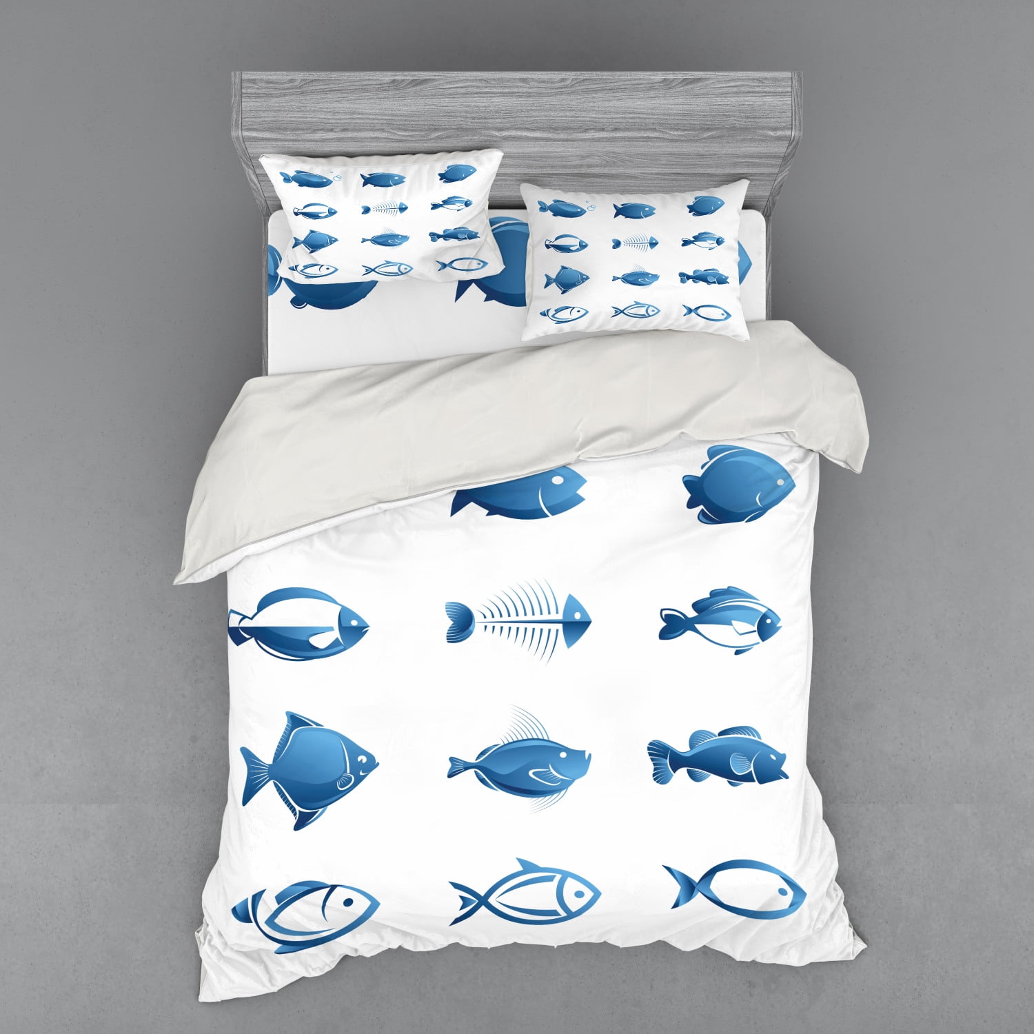 Fish Duvet Cover Set, Array of Fish Silhouettes Marine Life Sea Ocean