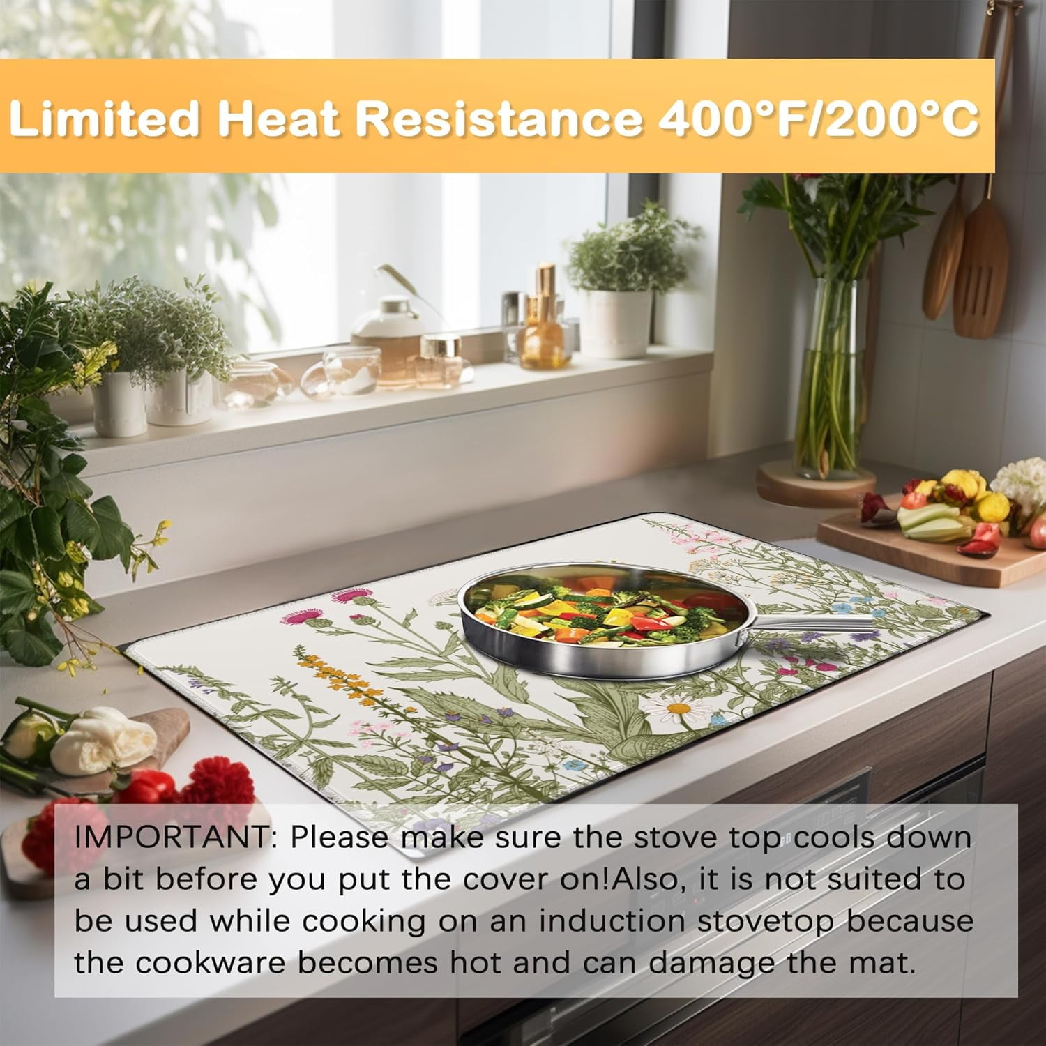 Electric Stove Top Cover Protector \u2013Christmas Kitchen Decor Herbs and Wilds Flowers Glass Flat Top Stove Mat Oven Induction Cooktop Mat for Ceramic Countertop Mats Heat-Resistant Dish Drying Mat