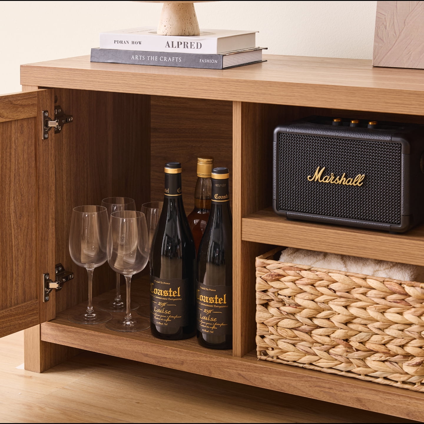 ARKANTOS Rattan TV Stand for Tvs up to 65 inch, Wood Media Console for Living Room, Natural Oak