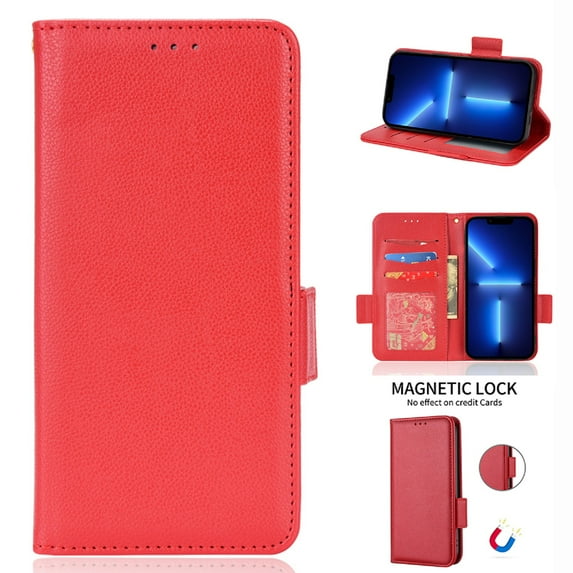 Wallet Case for iPhone 14 Plus 6.7 Inch, Soft Silicone Lychee Pattern PU Leather Shockproof Flip Cover with Card Slots Holder Magnetic Clasp Lock Drop Resistant Kickstand Phone Case,Red