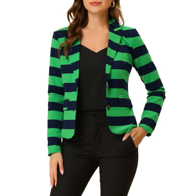 INSPIRE CHIC Women's Notched Lapel Long Sleeves Button Striped Blazer XS Green Navy