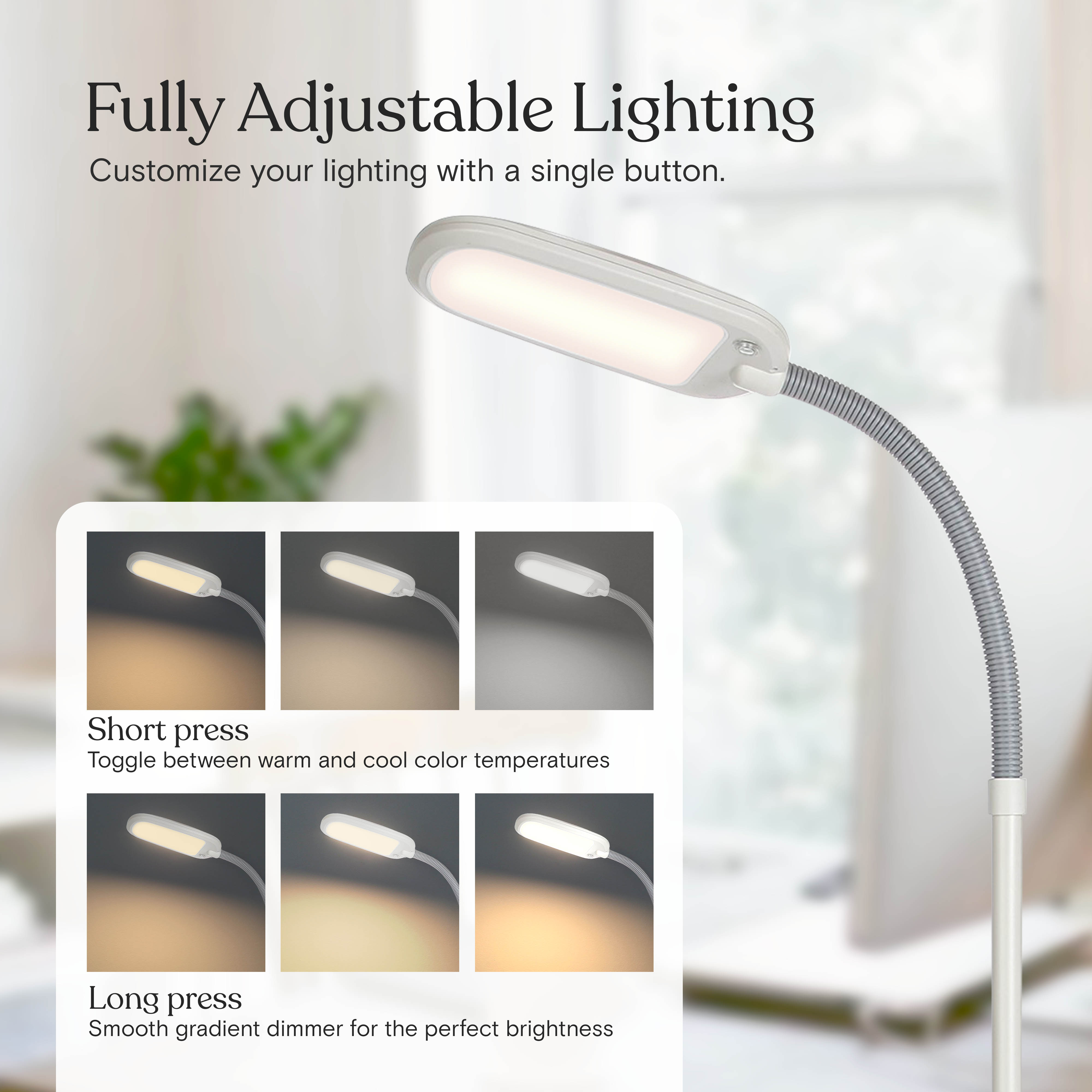 Brightech Litespan Slim LED Lamp, Modern Floor Reading Lamp Over Chair for Living Rooms & Offices, Tall Lamp with Adjustable Gooseneck, Crafts Work Light, Dimmable Standing Lamp for Bedroom - White