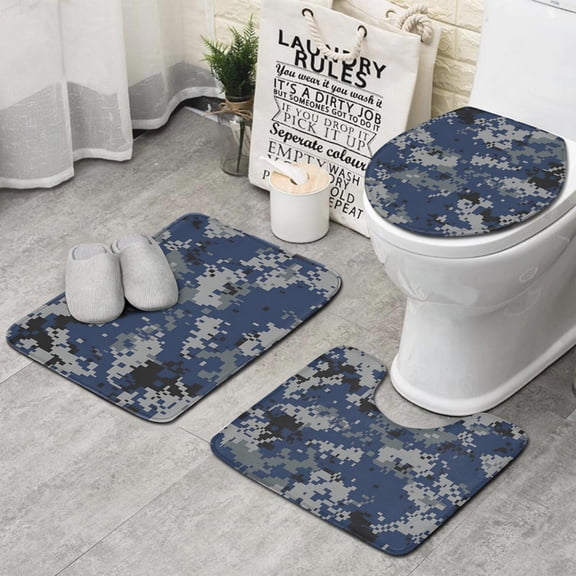 Blue Gray Camo Digital Pattern Bathroom Rugs Sets 3 Piece,Toilet Cover Set,Absorbent Non Slip Bathroom Mats Sets with U-Shaped Contour Rug Toilet Rug Set
