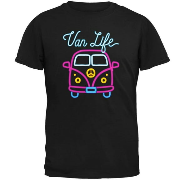 Retro Neon Sign Van Life Bus Mens Soft T Shirt Black MD