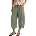 thumbnail image 2 of Cropped Linen Barrel Pants for Women Drawstring Wide Leg Cotton Capris 2026 Casual Summer Boho Baggy Palazzo Trouser Army Green S, 2 of 8
