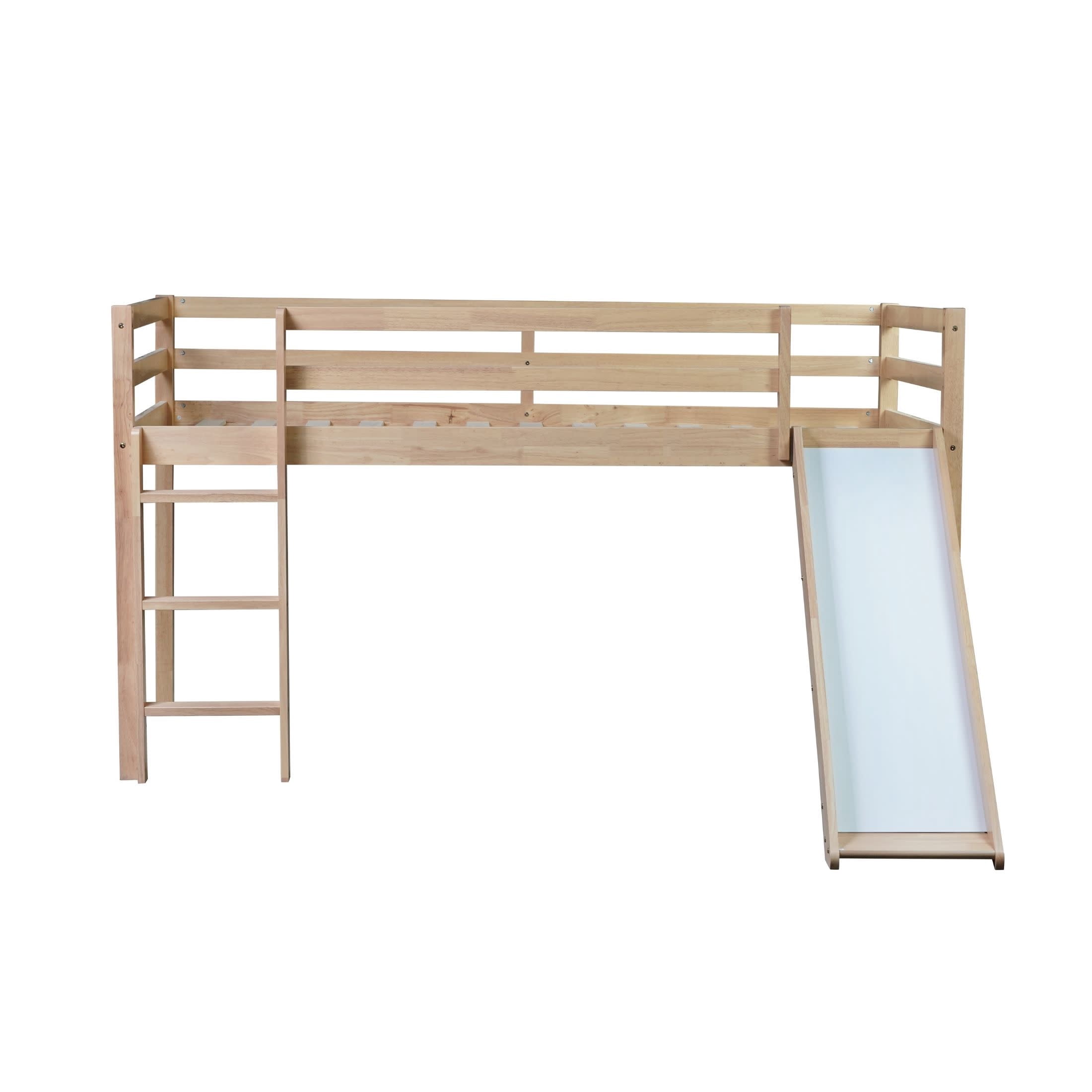 Noble House Illis Twin Loft Bed with Slide and Built-in Ladder, Solid Rubber Wood Bed with Safety Guardrails, Natural