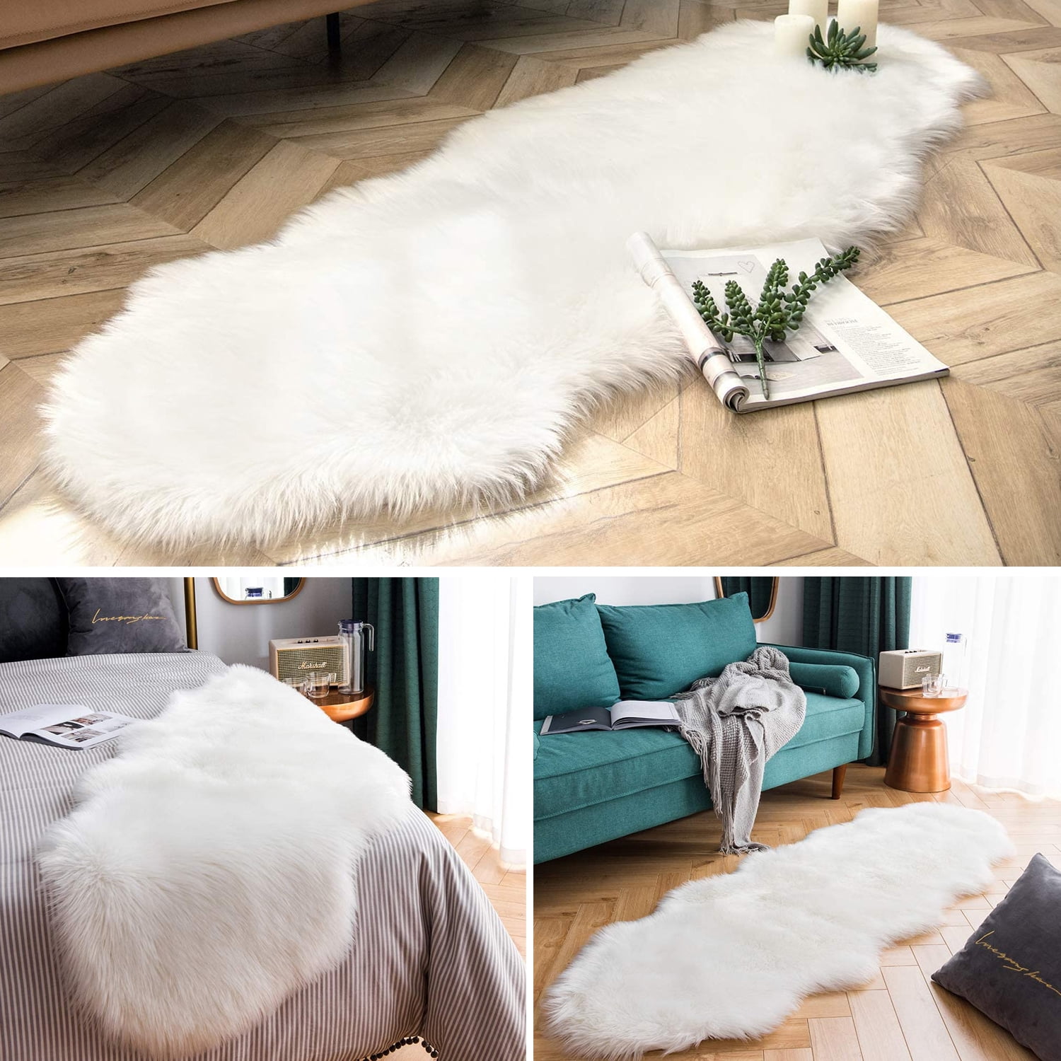 Faux Fur Rug, Fluffy Shaggy Area Rug Ultra Soft 2 x 6 Feet Sheepskin Fur Rug, White Fuzzy Rug Machine Washable Shag Rug, Decor Throw Rugs for Bedroom, Room, Living Room,White