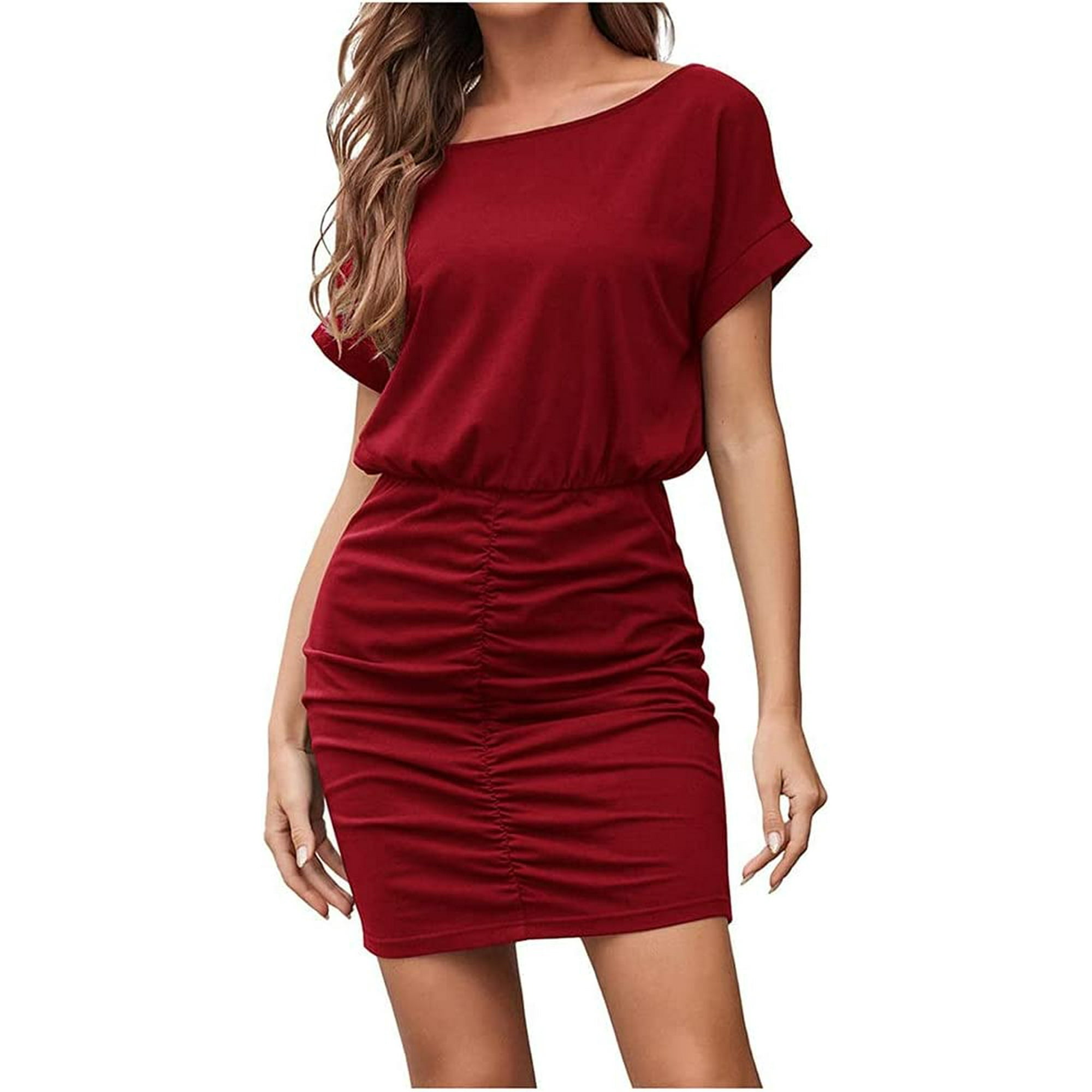 Women round Neck Dresses Short Mini Dress Beach Skirt Summer Beach Wrap Cover Up Skirt Plain Fit Dress red XL Red X Large