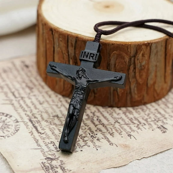 Jesus Wooden Necklace Cord Jesus Necklace Crucifix Wood Pendant Necklaces for Men Woman Black Sweater,C