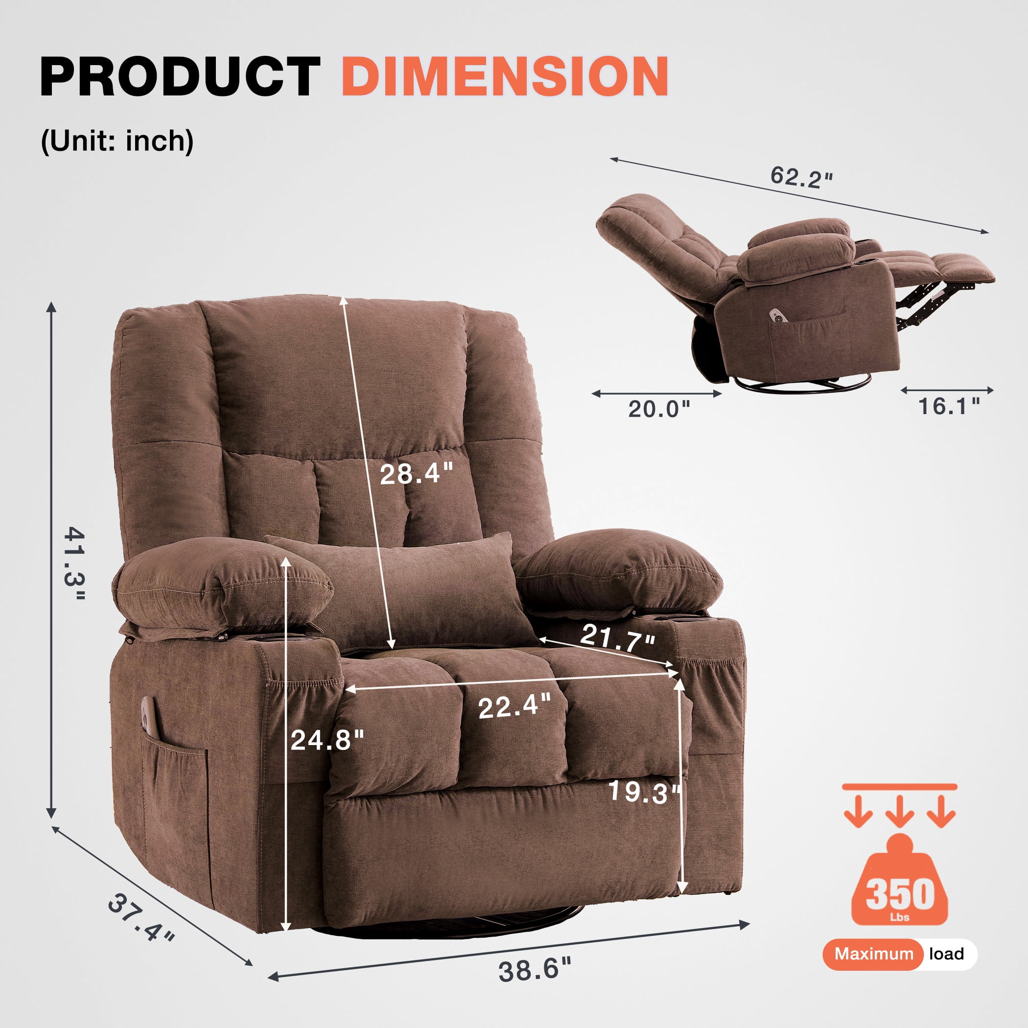 Oversized Massage Recliner Chair for Elderly,Modern Living Room Electric Rocking & Reclining Chairs with with Heat, 8-Point Vibration,USB Charger and Cup Holders, Plush Velvet Single Sofa, Brown
