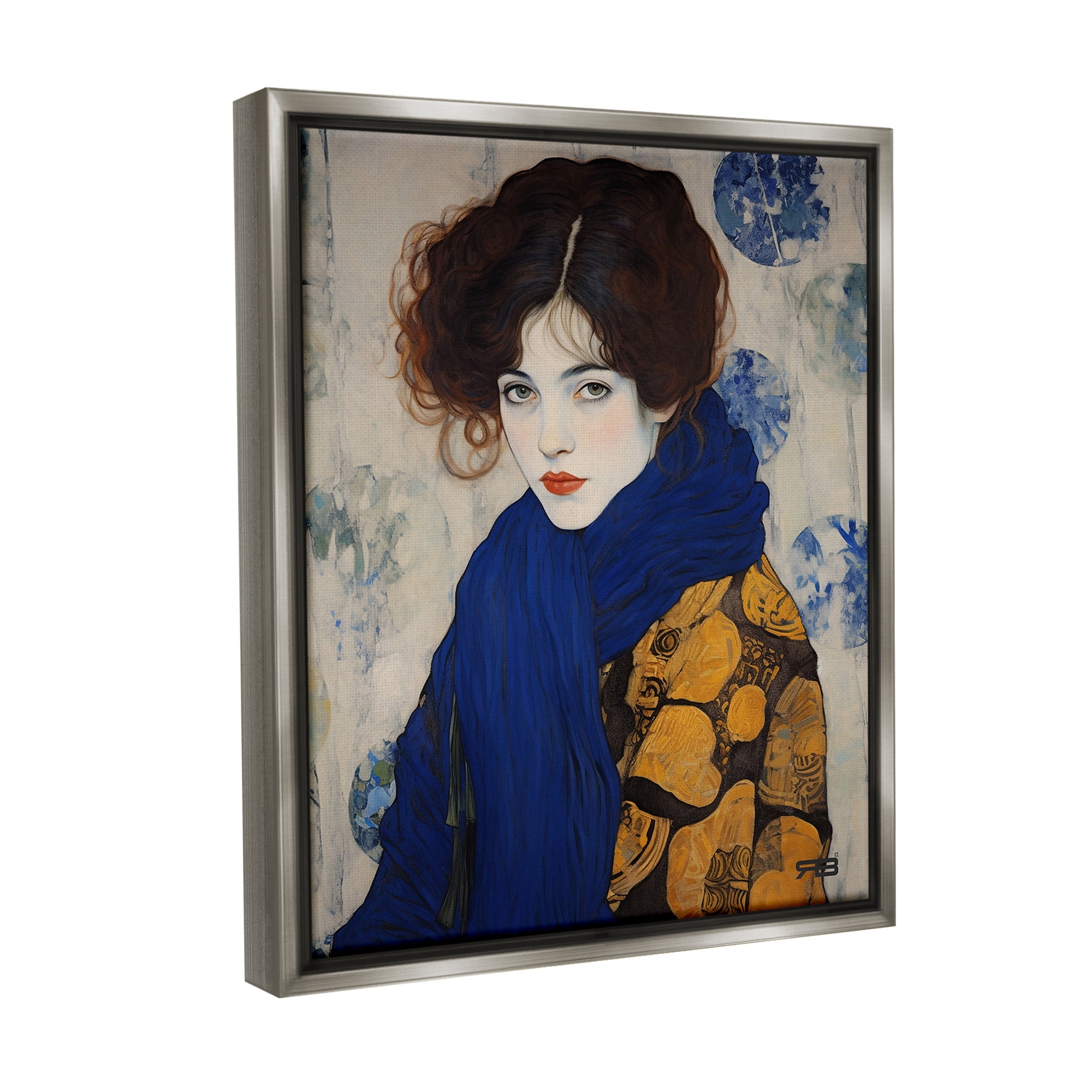 Stupell Industries Chic Woman Blue Scarf Beauty & Fashion Painting Gray Floater Framed Canvas Art Print Wall Art, 25 x 31