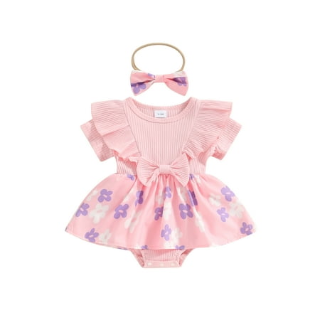 

Qtinghua Newborn Infant Baby Girls Summer Outfits Floral Print Short Sleeve Ribbed Romper Dress with Headband Clothes