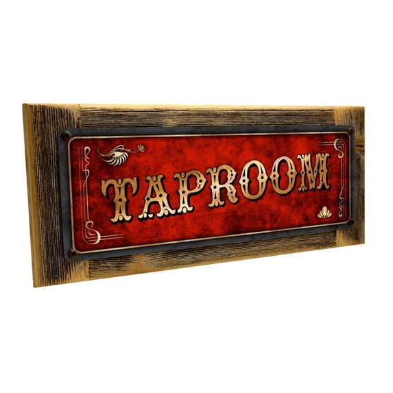 Framed, Outdoor Red Taproom 4"x12" Metal Sign, Wall Décor for Mancave, Den, and Gameroom