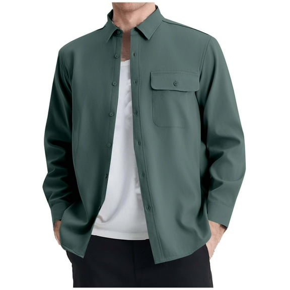 ZCFZJW Men's Polar Fleece Shacket Long Sleeve Casual Button Down Sherpa Lined Warm Collared T-Shirt Fashion Jacket with Pockets Army Green L