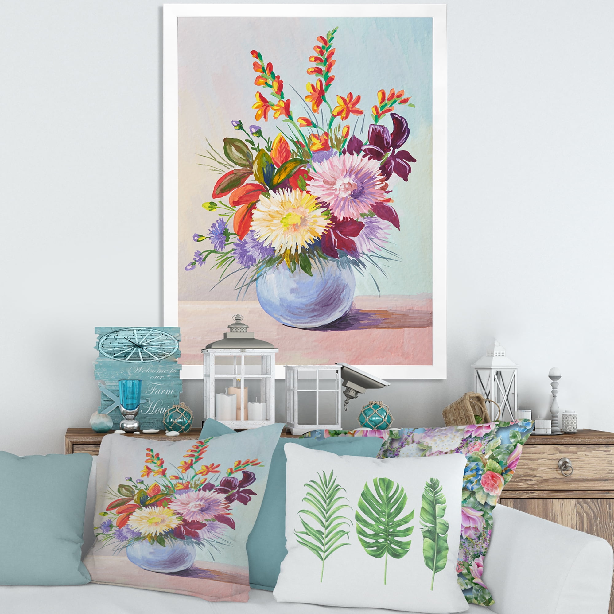 Designart 'Still Life With Asters On Colorful Flowers In Vase' Traditional Framed Art Print