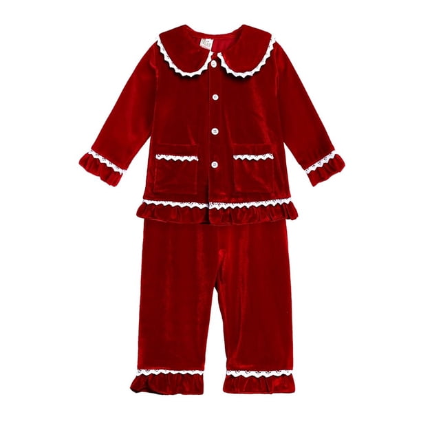 Conjuntos de pijamas de terciopelo rojo para niños y niñas, ropa de dormir de manga larga con botones, ropa de vacaciones para niños, 2 piezas, Navidad, 2022