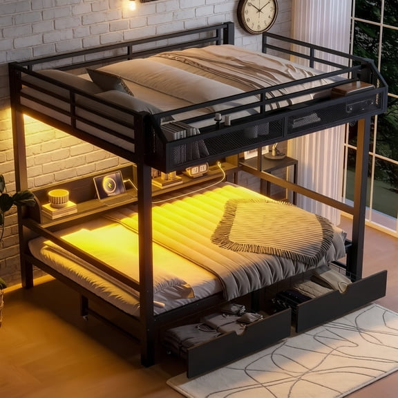 Queen-Over-Queen Metal Kids/Teens Bunk Bed with Basket, Drawers & Shelves, Storage Bed Frame with Charge Station & LED Lights