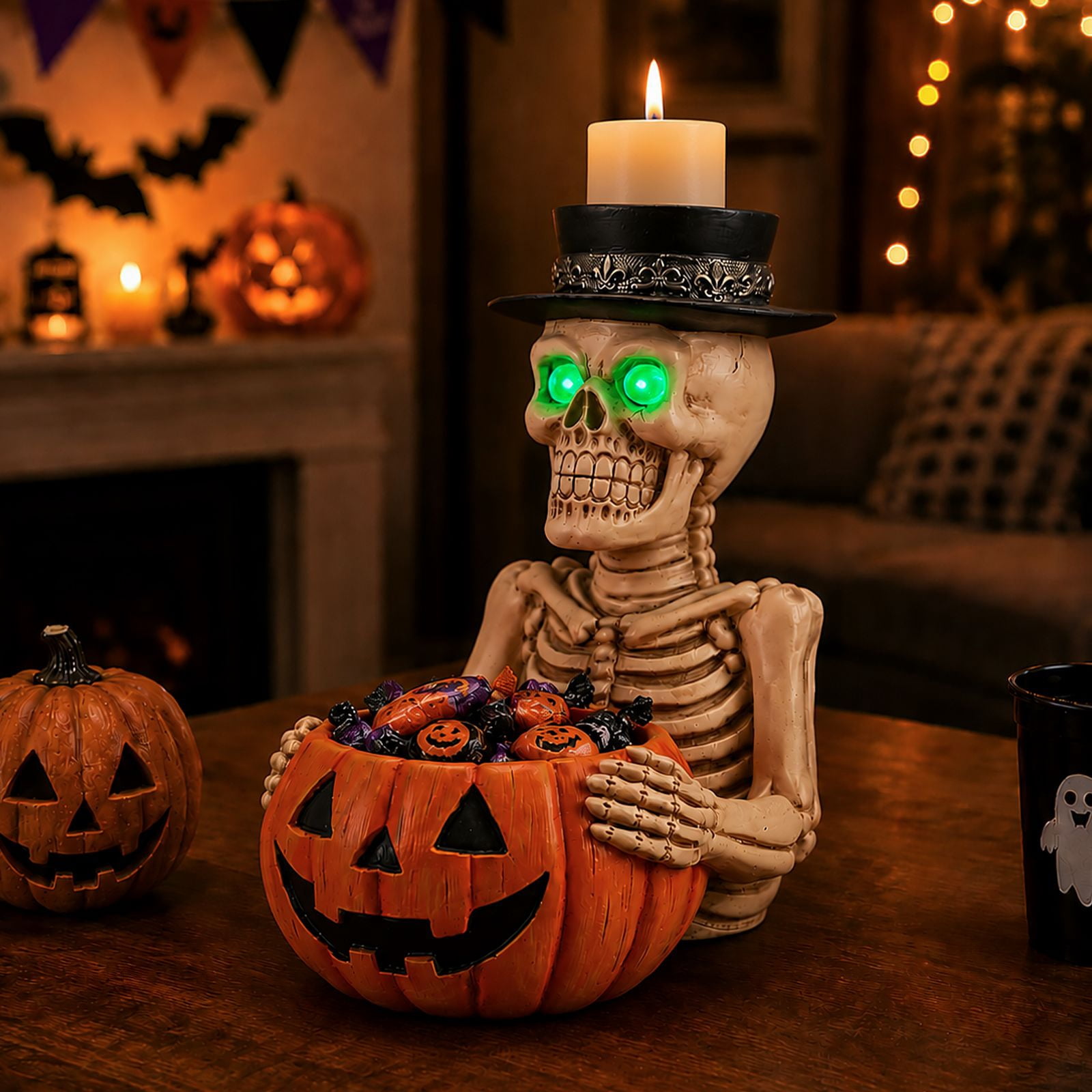 Alvantor Halloween Skeleton Decorations Table Decor with Pumpkin Bowl & Candle Holder