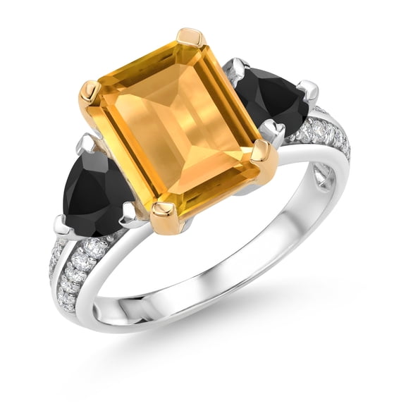 Gem Stone King 925 Sterling Silver and 10k Yellow Gold Yellow Citrine and Black Onyx 3 Stone Engagement Ring for Women (3.81 Cttw, Emerald Cut Cut 10X8MM, Size 6)