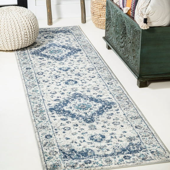 JONATHAN Y MODERN PERSIAN Indhira Ornate Medallion Persian Runner Rug, 2 x 8, Blue/Gray