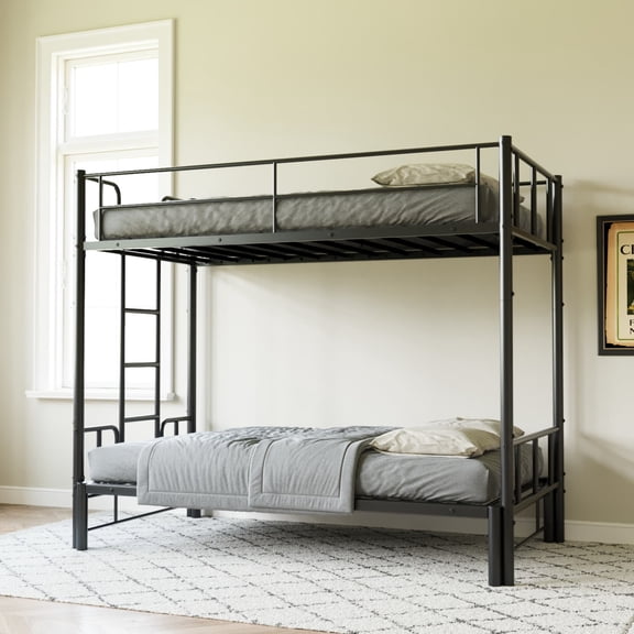 Twin Size Metal Pull-Out Bunk Bed with Guardrail & Built-in Ladder, Convertible Space-Saving Frame, Versatile Bed for Guest Room Dormitory, Black