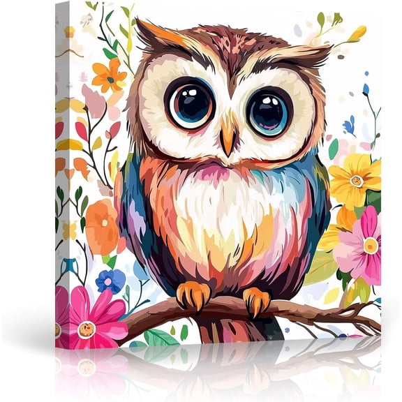 ZHONGYUTONG Owl Canvas Wall Art Colorful Owl Pictures Wall Decor Funny Animal Painting for Kids Bedroom Nursery Room Decor Framed (12.00" x 12.00")